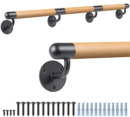 Dolibest Wooden Handrail, 250cm Stair Hand Rail Indoor Banister Railing with Fittings 3.8cm Round Wall Mounted Staircase Balustrade Outdoor Safety Grab Bar for Younger/Elder/Disabled