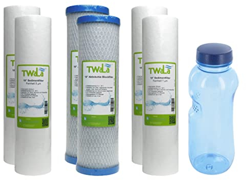 1 Jahr Set 7-teilig TWaLa GRATIS Tritan Trinkflasche 0,5L + 10 Zoll Ersatzfilter Umkehrosmose Anlage RO Polypropylen Sediment Vorfilter Grobfilter Aktivkohleblock Trinkwasser Filter Wasserfilter
