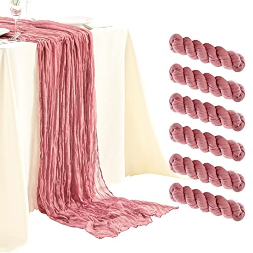 SRIZIAN 6 Stück Staubiges Rouge Käsetuch-Tischläufer, 3 m breit, Gaze-Tischläufer, Boho-Tischläufer für Brautparty, Hochzeit, Geburtstag, Party, Tischdekoration