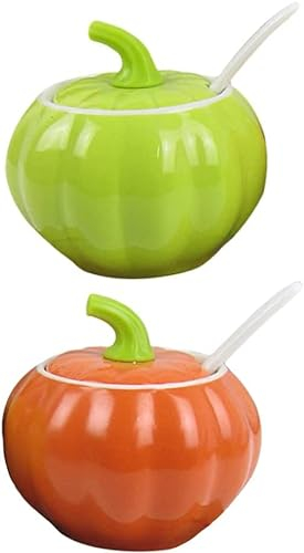 Sudemota Spice Jar Kitchen Canisters glass seasoning jar Spice Jar Ceramic Condiment Jar Pumpkin Shaped Spice Container Sugar Salt Pepper Pot Seasoning Cruet Holder with Spoon Tray for Kitchen