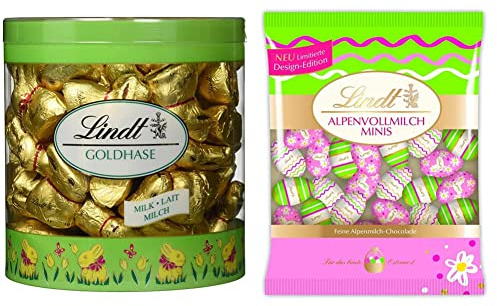 Lindt Schokolade Mini GOLDHASEN | 700 g Köcher & Schokolade Deko Edition Mini Eier | 180 g Beutel | Fröhlich-bunt verpackte Premium Vollmilch Schokoladeneier zu Ostern | Osterschokolade