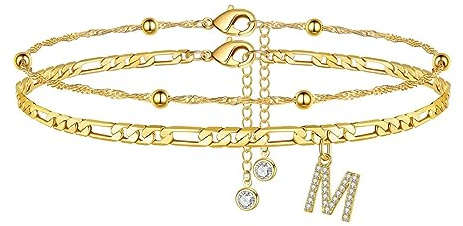 TINGN Fotkedjor för kvinnor, silver 14k förgyllda vristlänk för kvinnor vristlänk med A-Z bokstäver dubbel vristkedja justerbar present till sommar dotter vän syster present, 21,5 Zentimeter, Mässing