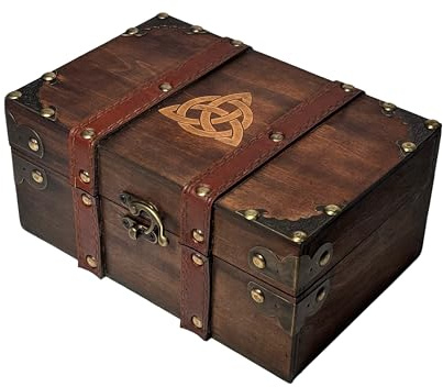 vuagmiv Triquetra Engraved Wood and Leather Chest Box, Wooden Box with Velvet Lining, Alter Supplies and Tools Storage Box and Keepsake Box