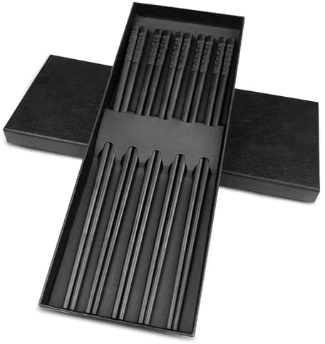 Frevoitna 5 Paar Essstäbchen Fiberglas Set, Stäbchen Schwarz Legierung 24CM, Chopsticks Chinesische Spülmaschinenfest Waschbar Rutschfeste Stäbchen, Sushi Japanische Essstäbchen Kirschblütenmuster