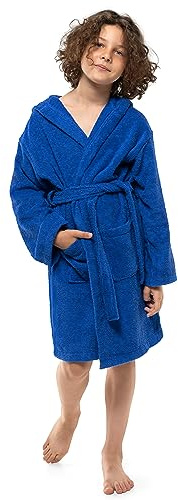 Twinzen Bademantel Kinder & Teenager mit Kapuze, 100% Baumwolle Oeko-Tex - Dunkelblau, Größe 9-10 Jahre