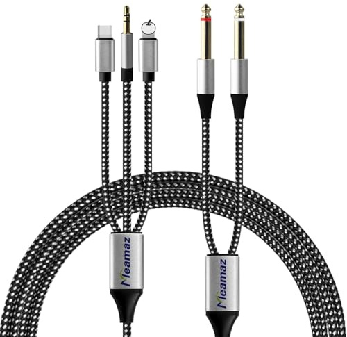 Câble USB C vers Double Jack 6.35mm, Câble Jack L-ightning/AUX 3.5mm (1.3m) | 3 en 1 Splitter Audio TS avec Puce DAC Nylon Tressé pour iPhone, Table de Mixage, Amplificateur, Guitare, Cinéma Maison