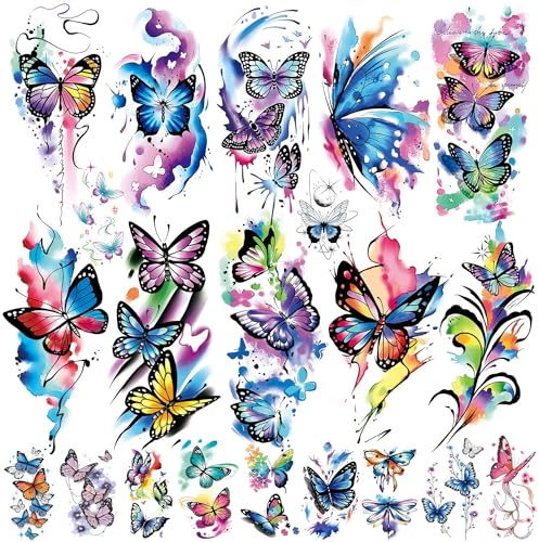 Temporäre Tattoos Erwachsene, Aquarell Schmetterling Fake Tattoo | 3D Tatoo Temporary 2wochen, Klebetattoos Aufklebe für Männer Damen, Wasserdicht, Realistische, Karneval Fasching Deko