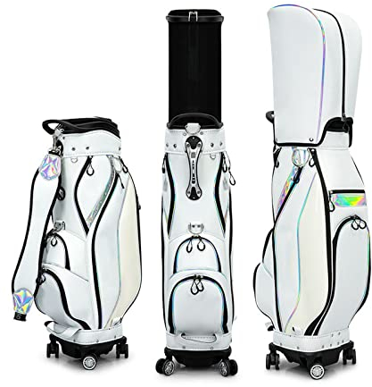 Professionelle Golftasche, hochwertige wasserdichte Golf-Cart-Tasche aus PU-Leder mit 4 Universalrädern, Golf-Standbag, Reise-Golfschlägertaschen für Männer und Frauen (White)