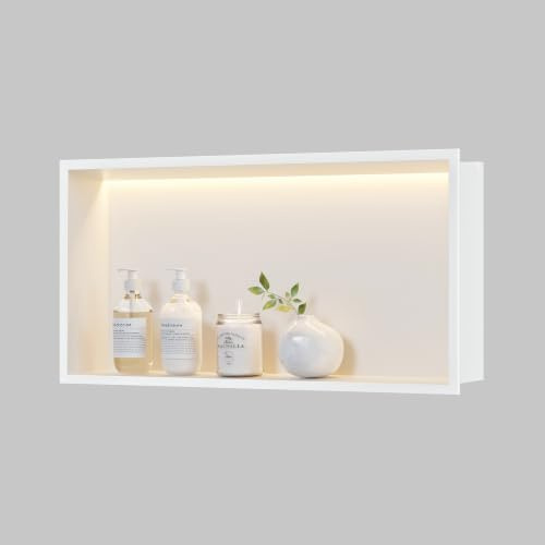 Neohomee Wandnische Dusche 304 Edelstahl mit LED-Beleuchtung, 60x30x10cm | Weiß Duschnische Einbau-Nische Badezimmer Lagerung für Badrenovierung, IP68 Wasserdicht
