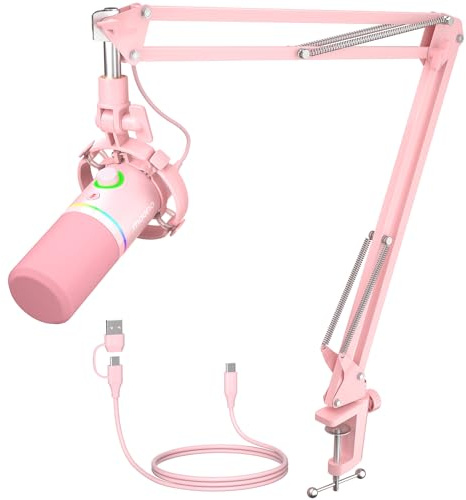 MAONO XLR/USB dynamiskt mikrofonkit, RGB spelmikrofon med programvara, tyst, förstärkningsknopp, volymkontroll, bomarm för streaming, podcasting, Voice-Over, inspelning-PD200XS rosa