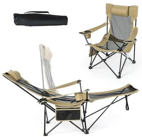 COSTWAY Chaise Pliante Camping, Chaise Longue Réglable sur 4 Positions, Repose-Pieds Amovible, Appui-Tête, Poche, Porte-Gobelet, Fauteuil Inclinable pour Plage Pêche Bureau, Charge 150KG, Kaki