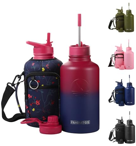 FAHRMOSIS 64 Oz Insulated Water Bottle with Strap Stainless Steel Sports Water Bottle with 3 Lids (Straw, Chug and Flip Lid) Leak Proof Metal Half Gallon Jug for Men & Women - Red Fusion