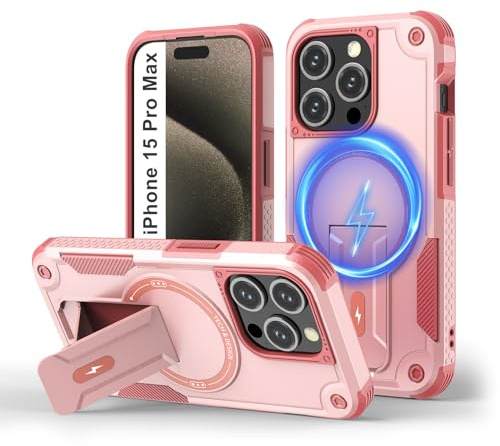 Tuvror Cover Magnetica per iPhone 15 Pro Max [Compatibile con MagSafe] supporto Integrato, Supporto Protezione Militare Anticaduta, Cover Robusta Antishock per iPhone 15 Pro Max, Rosa