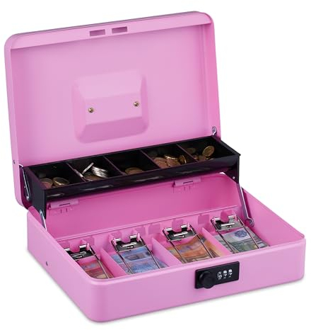 Relaxdays Caja Dinero, Combinación 3 Números, Bandeja para Monedas y 4 Espacios para Billetes, Cajita Efectivo, Rosa