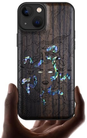 Carveit Coque Magnétique pour iPhone 13 Étui de TPU, Gravure en Bois et Incrustation de Coquille Cover Compatible Magsafe avec 13 Coque (Bois Sombre-L'énigme méduse)