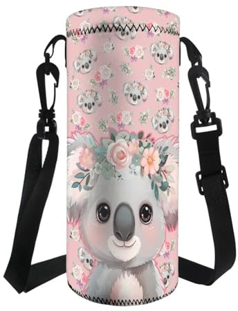 COEQINE Koala Sac de transport isotherme pour bouteille d'eau Motif animal mignon 1,5 l Rose floral avec bandoulière