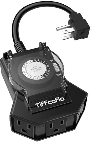 TiFFCOFiO Outdoor Timer Outlet Waterproof, 24 Hour Mechanical Light Timer Outdoor, 3 Grounded Outlets for Home and Garden, 15A 1/2HP, Heavy Duty, ETL Listed (1 Pack)