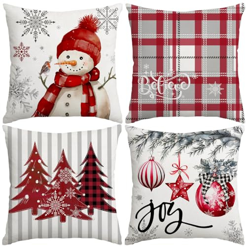 Miaikoe Weihnachtskissenbezüge 45x45 cm Set von 4, Dekorative Bauernhaus Schneemann Freude Glauben Weihnachtsbaum rote Kissenbezüge für Winter Holiday Home Decor Dekoration