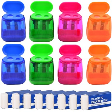 TSHAOUN Temperamatite Manuale Colorato a Doppio Foro Con Coperchio e 8 Gomme in Plastica Bianca - Per Bambini, Adulti, Studenti, Scuola, Casa