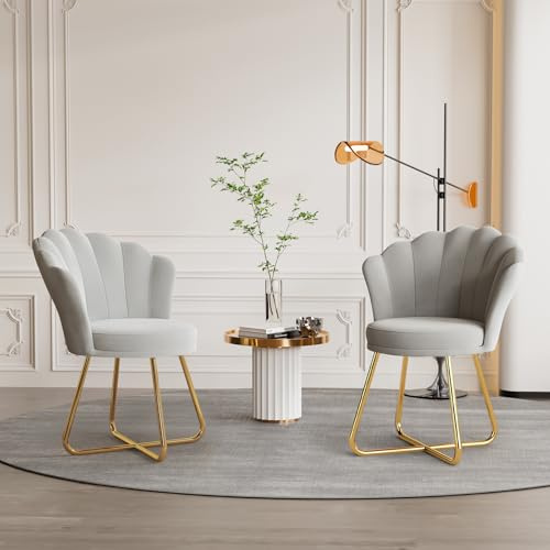 Hawthyhome 2er-Set Schminktisch-Stühle aus Samt, Goldgestell, Grau | 2er-Set; Blütenblatt-Rückenlehnen; gepolsterte Sitzflächen; goldfarbenes Metallgestell; Schminkbereich & Schlafzimmer