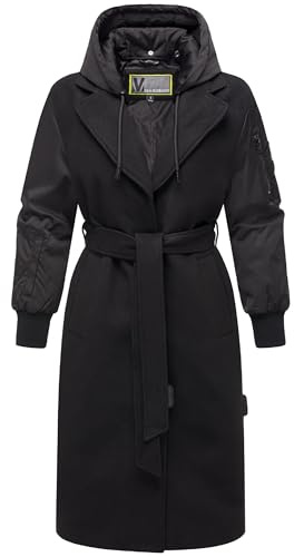 MARIKOO Damen warmer langer Übergangsmantel in angesagtem Materialmix mit abnehmbarer Kapuze und Binde-Gürtel Tjadee 16 Black Gr. L