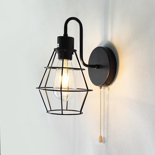 JZCDR Vintage Wandlampe mit Schalter Innen E27 Wandleuchte mit Zugschalter | Schwarz Industrial Retro Lampe Wand mit Schalter Metall Cage Lampenschirm für Café Schlafzimmer Wohnzimmer, Ohne Leuchtmittel