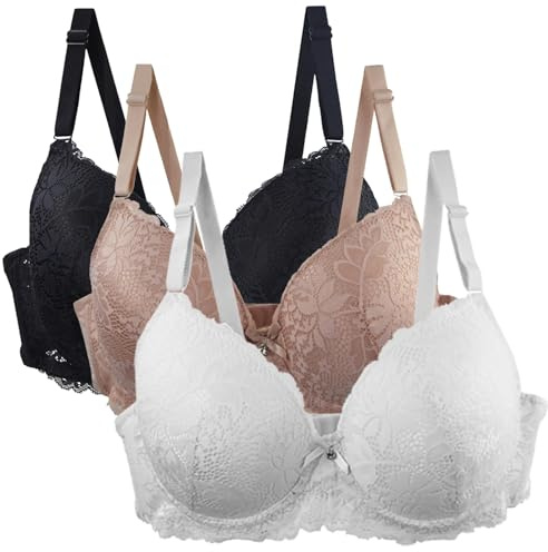 XCXC 3er-Pack Damen BH mit Bügel Push Up Spitzen Weich Bequemer Sexy Klassische BHS mit verstellbarem Träger Women Bra für Sport und Alltag