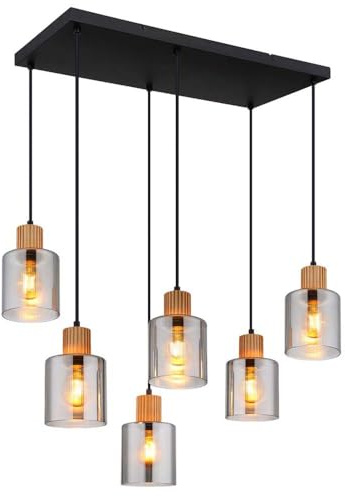 Pendellampe Esstischleuchte Rauchglas Wohnzimmerlampe Hängelampe 6 flammig Esstischleuchte, Metall, Holz, LxH 67 x 120 cm