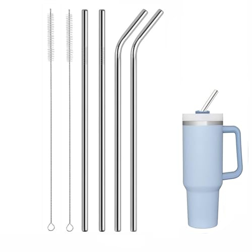 Pailles Pour La Coupe Stanley，4 PCS Paille Metal Stanley Cup Gourde Stanley Paille Reutilisable pour Coupe Stanley 40oz，Deux pailles droites et deux pailles coudées，avec 2 Brosses de Nettoyage