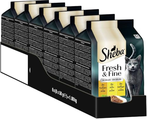 Sheba Portionsbeutel Katzennassfutter Multipack Fresh & Fine in Gelee mit Truthahn und Huhn, 6x6x50g - Hochwertiges Katzenfutter in Gelee mit Truthahn und Huhn