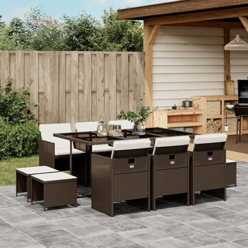 IKAYAA Gartenmöbel Set Rattan 10 Personen Garten sitzgruppe 10 Personen Gartentisch Set mit 10 stühlen Gartengarnitur Sitzgarnitur Essgruppe mit Kissen-Braun und Creme-11-tlg-Typ 2