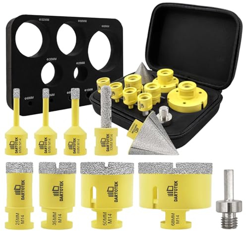 DARTOTEK Diamant Fliesenbohrer 10 tlg - 6/6/8/25/35/50/68mm M14 Diamantbohrkronen, 10mm Fingerfräser, 50mm Fasenfräser, M14 - Hex Adapter für Keramik, Porzellan, Fliesen, Granit