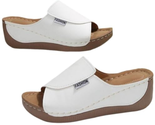 heofonm Comfortable Arch Support Slides - Women's Solid Color Sandals - Breathable Leather Platform Wedge Slip on Sandals (White,4)