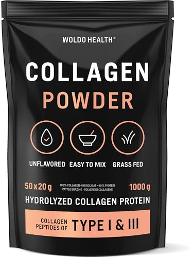 WoldoHealth Kollagen Pulver 1kg aus Weidehaltung - Collagen Hydrolysat | Peptide Typ 1 und 3, hochdosiert, wasserlöslich, Trinkkollagen vom Rind