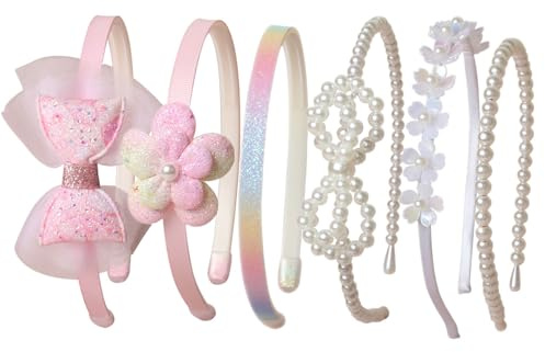 naibirdr Pink Headbands for Girls 6pcs Set Non Slip Floral Bow Headband Cute Sweet Pearl Head band for Teens Glitter Kids Hair Accessories