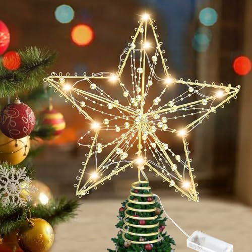 Christbaumspitze, 11,8 Zoll Weihnachtsbaumspitze, Weihnachtsbaum Spitze Stern, Weihnachtsdeko mit 10 LED Glitzernd Perle,LED Stern Baumspitze Weihnachten,Batteriebetrieb Durchbrochen Christbaumschmuck