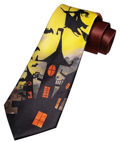 JEMYGINS Halloween Krawatte Herren Hexe fliegt über Spukhaus mit Fledermäusen Gruseliges Kostümzubehör