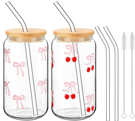 2 stycken glasmuggar 500 ml med lock och sugrör, glasmugg, dricksglas, rosa fluga, rosa stuff present till bästa vännen, glas med rosett, aesthetic stuff för smoothie, kaffe, cocktails te