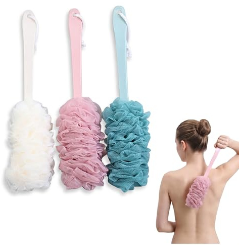 Brosse De Bain à Long Manche, 3pièces Brosse De Bain à Long Manche Pour Douche De Douche Maille Pour Nettoyage Du Dos Et Du Corps Lot De Blanc Bleu Rose