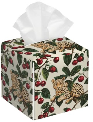Tissue Box Cover Square Leather, Cherry Tree Cheetah Tissue Holder Facial Paper Organizer Dispenser for Tabletop Bathroom Tabletop Car