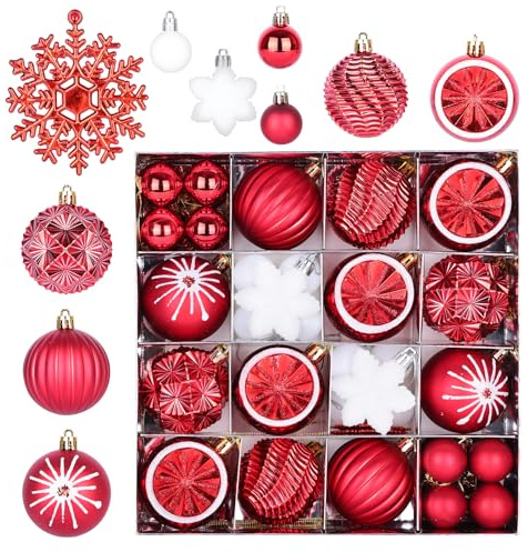 Set de 40 Bolas navideñas Rojas y Blancas, 6 cm de diámetro, plástico irrompible, con Ganchos, Ideales para decoración Interior y Exterior, y para Decorar el árbol de Navidad