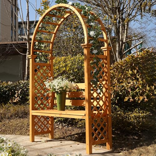 Trä utomhus gräsmatta bänk med bågar och blomstativ snygg trädgårdsbänk för veranda, gångväg och gård – gula trädgårdsmöbler