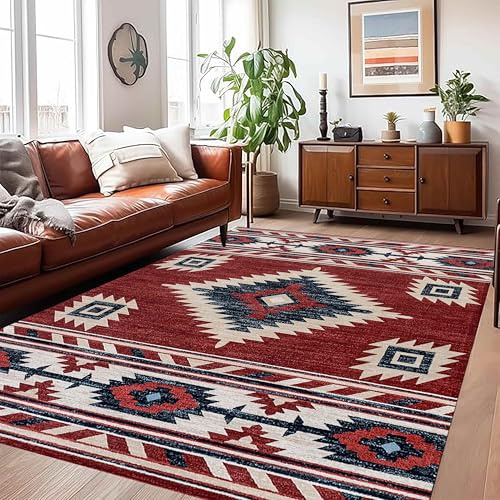 Western Teppich, 160x230cm Vintage-Teppich Südwestlichen, Rotem Geometrischem Karomuster, Weicher, Farbechter, Großer Indoor-Teppiche, Waschbarer, Rutschfest Teppiche für Schlafzimmer Wohnzimmer