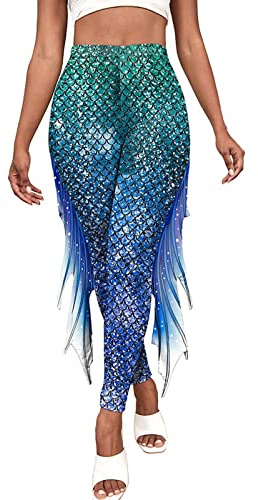 Meerjungfrau Kostüm Damen - Leggings Für Frauen 3d Gedruckt Fischschuppen Hose Mit Flossen Meerjungfrau Schwanz Kostüm Hohe Taille Drachen Print Legging Blau