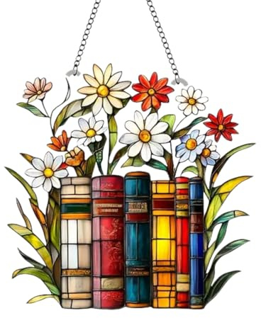 Flowers and Books Acrylic Suncatcher Ornament with Greeting Card,Stained Glass Style Window Hanging–Garden Decor,Sun Catchers for Windows,Home Office Hanging Ornaments,Gift for Book Lovers