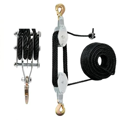 Schwerlast Flaschenzug 4400 LB mit 20m Nylon Seilbremse | Flaschenzug Tragkraft Manuelle Hubseile Arbeitssparender Flaschenzug Hochleistungs-Seilzug für Garagen Lagerhallen Schwarz