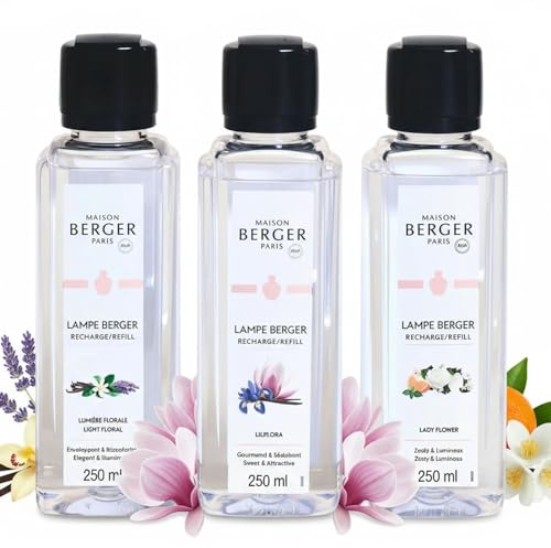 Lampe Berger - TrioPack Collezione Ophelia - Set 3 Flaconi da 250ml - Lumière Florale - Lady Flower e Liliflora - in Elegante Confezione Regalo