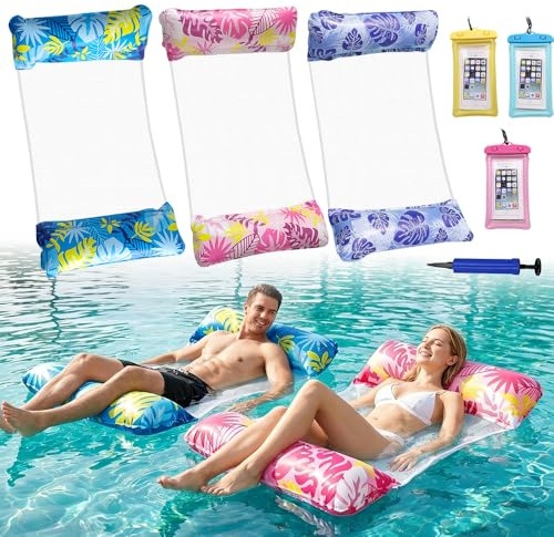Nzkeuf 3PCS Luftmatratze Pool mit 3 wasserdichte Handytasche und 1 Luftpumpe, 120 x 65cm Wasserhängematte mit Netz, 4 In 1 Aufblasbares Schwimmbett, Faltbare Hängematte Wasser für Erwachsene Kinder