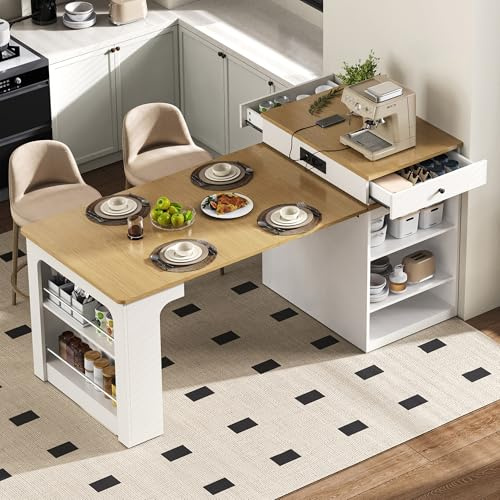 Zenith Living Multifunktionale Kücheninsel mit Rollen und ausziehbarem Esstisch, Bartisch Sideboard mit Stauraum, Moderne Kücheninsel platzsparend für Küche Esszimmer Wohnbereich (Weiß)