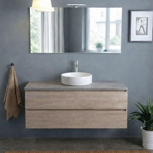 Kiamami Valentina Mobile Bagno Sospeso 120 Cm Rovere Well Top Beton | 2 cassetti chiusura rallentata, specchio 120x60 cm con lampada, base pronta per lavabo, già assemblato